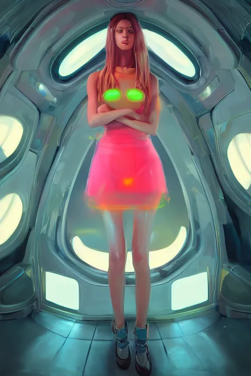 Image similar to digital art of a beautiful girl wearing a neon mini skirt in a futuristic spaceship, expressive oil painting, by wlop, by artgerm, by dan mumford, anime style, octane render, full body shot