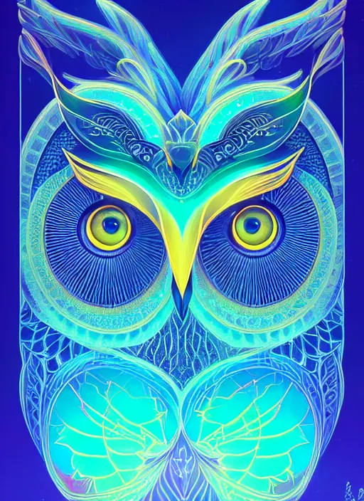 Image similar to symmetry!! product render poster vivid colors divine proportion owl, 神 圣, glowing fog intricate, elegant, highly detailed, digital painting, artstation, concept art, smooth, sharp focus, illustration,