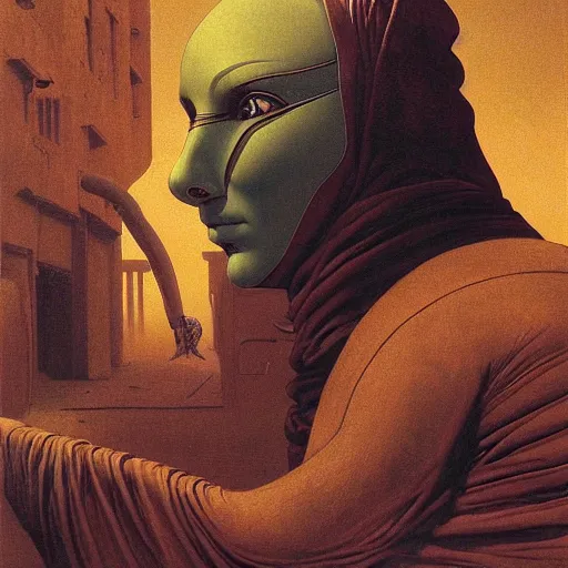 Image similar to portrait of masked Atreides Dune Dynasty on the art deco streets of the Giedi Prime during the Festival of Masks, award-winning realistic sci-fi concept art by Beksinski, Bruegel, Greg Rutkowski, Alphonse Mucha, and Yoshitaka Amano