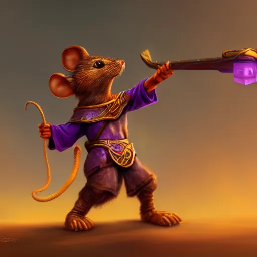 Image similar to mouse warrior reaching for a floating purple crystal with the other, Digital Oil Painting, trending on Artstation, highly detailed, 8k, UHD