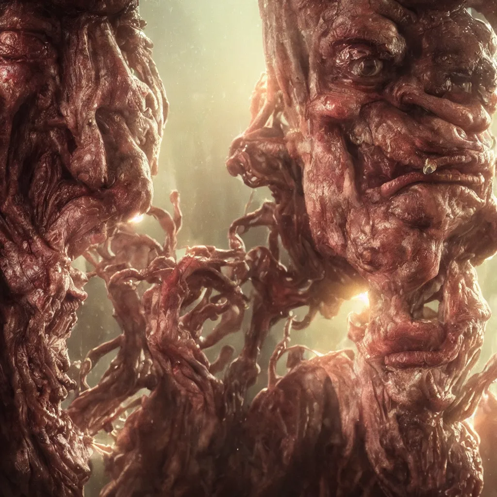 Image similar to extremely detailed cinematic movie still portrait of happy mashroom god hyperreal skin face by denis villeneuve, wayne barlowe, simon birch, marc simonetti, philippe druillet, beeple bright volumetric sunlight, rich moody colors, closeup, bokeh