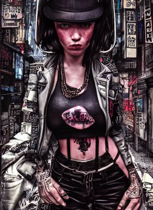 Image similar to portrait photo, 3 5 mm lomography, female doorwoman, gang clothing fashion, id magazine, hyperrealism, detailed textures, photorealistic, cyberpunk apocalyptic city, ultra realistic, cinematic, intricate, cinematic light, 8 k, david la chapelle, david kostic, artgerm