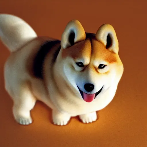 Image similar to a delicious steamed bun in the shape of a shiba inu. studio lighting, high resolution, high quality, dark background