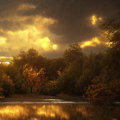 Image similar to golden clouds and rain, thunder, 4k, post-processing, very very detailed, artstation, cute