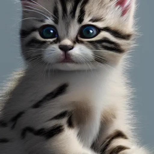 Image similar to hyperrealistic photograph of an adorable kitten, dim volumetric lighting, 8 k, octane beautifully detailed render, extremely hyper detailed, intricate, epic composition, cinematic lighting, masterpiece, trending on artstation, very very detailed, stunning, hdr, smooth, sharp focus, high resolution, award, winning photo,