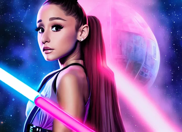 Image similar to An extremely detailed photo of Ariana Grande in the Star Wars universe witha pink lightsaber held in one hand Maximum detail on artstation, photo realism, vivd details, vivd colour, volumetric lighting. anime art style