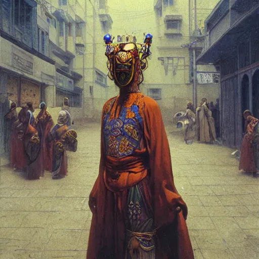 Image similar to portrait of masked Byzantine Tang Dynasty dancer on the art deco streets of the Undying Empire city of ya-Sattra during the Festival of Masks, award-winning realistic sci-fi concept art by Beksinski, Bruegel, Greg Rutkowski, Alphonse Mucha, and Yoshitaka Amano