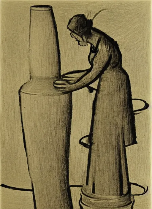 Prompt: abstract stylized charcoal drawing of a woman working on a tall vase at a pottery wheel, da vinci, van gogh, miro, vermeer