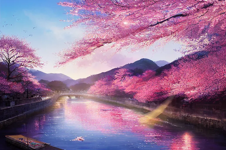 Image similar to cherry blossom and the kamo river, kyoto, japan. volumetric lighting, ( dew ), spring morning, clear weather, very few clouds, realistic illustration, perfectly shaded, soft painting, art by krenz cushart and wenjun lin