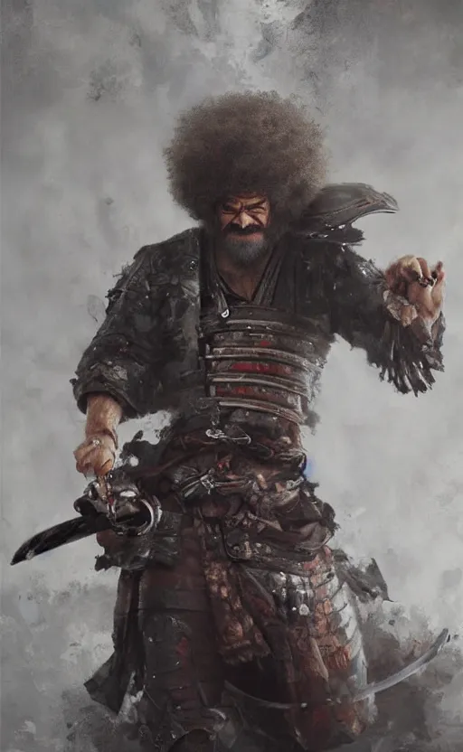 Prompt: full body shot Samurai Bob Ross realistic detailed portrait by Raymond Swanland and Ruan Jia