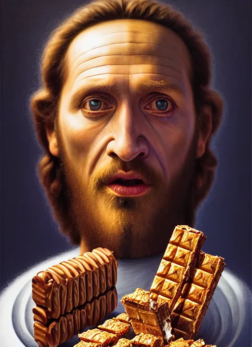 Image similar to hyper detailed 3d render like an Oil painting - Portrait of Jesus Christ eating a Snickers bar by Jacek Yerka, Mariusz Lewandowski, Houdini algorithmic generative render, Abstract brush strokes, Masterpiece, Edward Hopper and James Gilleard, Zdzislaw Beksinski, Mark Ryden, Wolfgang Lettl, hints of Yayoi Kasuma, octane render, 8k