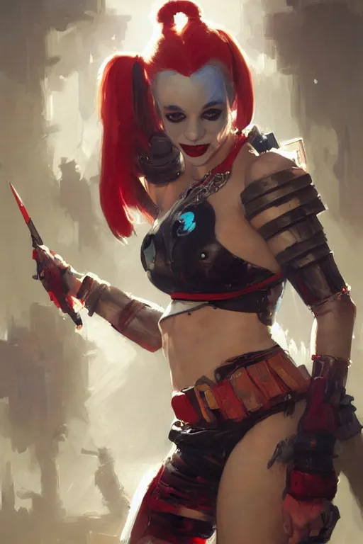 Image similar to portrait of Harley Quinn in bikini armor, dc comics, cyberpunk, Warhammer 40000, digital art from artstation by Ruan Jia and Mandy Jurgens and Artgerm and william-adolphe bouguereau