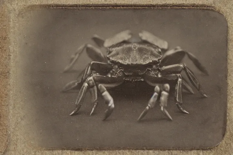 Prompt: a tintype photo of a half-goat half-crab creature, hybrid
