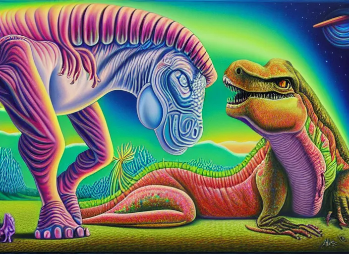 Image similar to T-rex and Unicorn relaxing, Alex Grey,Oil on Canvas detailed,