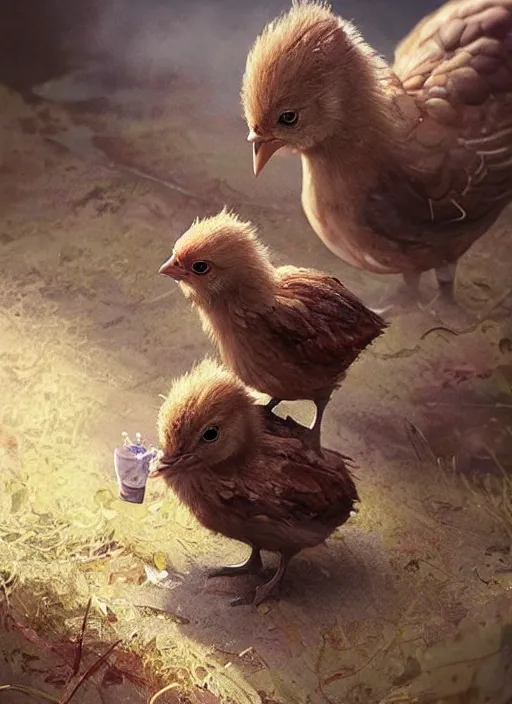 Image similar to a cute hen fostering two chicks in an adventure movie by nuri iyem, james gurney, james jean, greg rutkowski, anato finnstark. pixar. hyper detailed, 5 0 mm, award winning photography