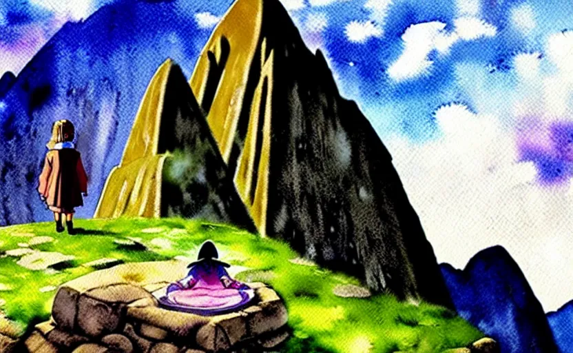 Image similar to a realistic and atmospheric watercolor from howl's moving castle ( 2 0 0 4 ) of a witch meditating in machu pichu. very dull muted colors, hd, 4 k, hq