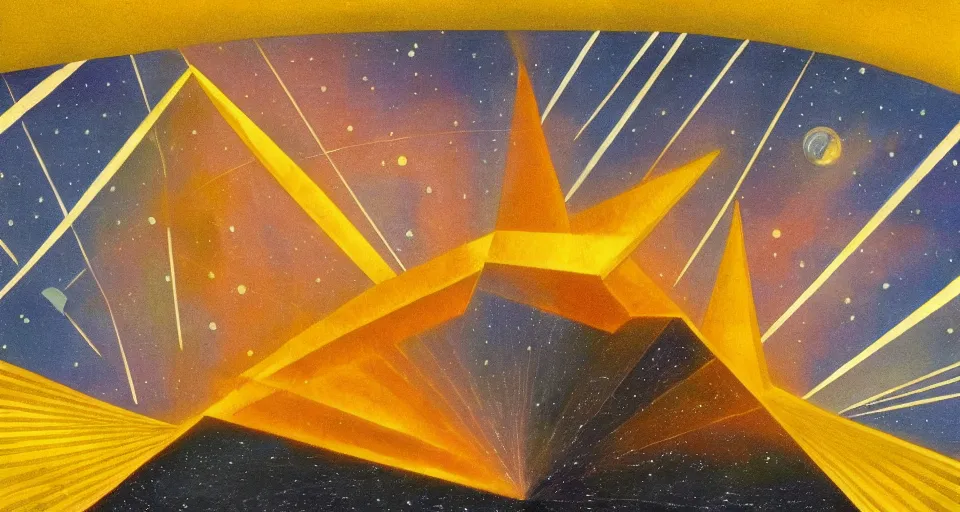 Image similar to hexagonal solar sail in space, blocking the sun, earth in the foreground, art deco painting