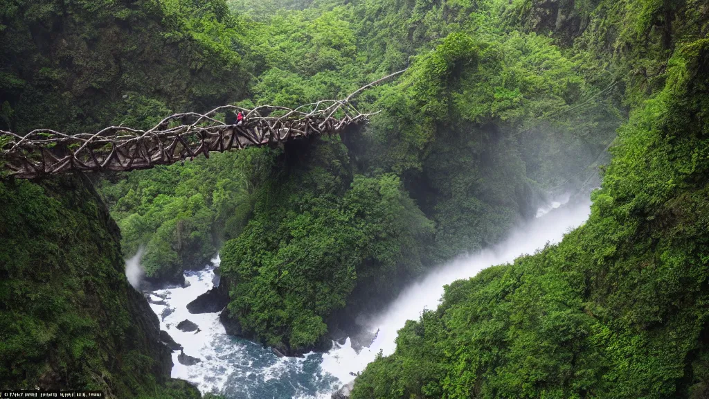 Prompt: rope bridges criss - cross the waterfall fed torrential streams and their plunging canyon chasms with wispy fog in style of roger dean