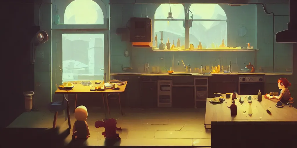 Prompt: cute solitary kitchen dim lit by a candle ripped physique simon stalenhag gerald brom bastien grivet by greg rutkowski, game background fisheye lens, low angle, day of the tentacle, 3 point perspective