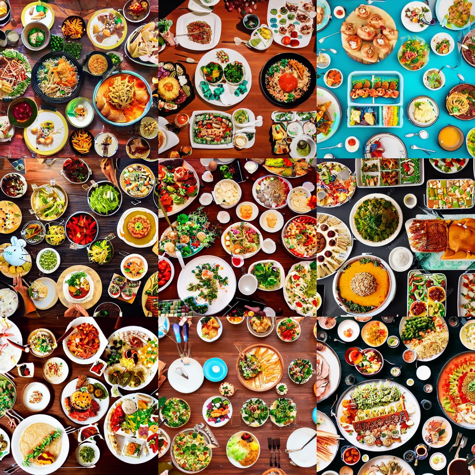 Prompt: aerial view of a buffet table full of food, studio ghibli style