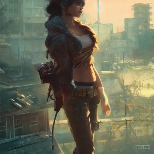Prompt: fallout 5 miami, charismatic beautiful rugged brunette female protagonist, portrait, outdoors tropical cityscape, atmospheric lighting, painted, intricate, volumetric lighting, beautiful, daytime, sunny weather, few clouds, sharp focus, deep colours, ultra detailed, art by krenz cushart and wenjun lin