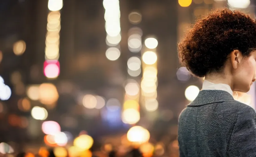 Image similar to a wide shot of a woman with a wool suit, short hair, blurred face, wearing an omega speedmaster on her wrist in front of a crowded dystopian city at night with cyberpunk lights