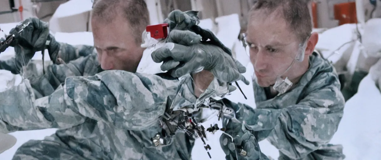 Prompt: filmic extreme close up shot movie still 4 k uhd interior 3 5 mm film color photograph of a scientist attacking a camouflaged solder in a lab in antarctica by grabbing him with his claw