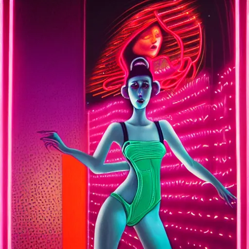 Image similar to portrait of an attractive woman dancing, ibiza techno club, night, neon lighting, by martine johanna and simon stalenhag and chie yoshii and casey weldon and wlop : : ornate, dynamic, particulate, rich colors, intricate, elegant, highly detailed, vogue, harper's bazaar art, fashion magazine, smooth, sharp focus, 8 k