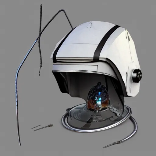 Prompt: hyper detailed boxcutter hard surface modelling rear view of astronaut helmet, arstation, cables wires decals