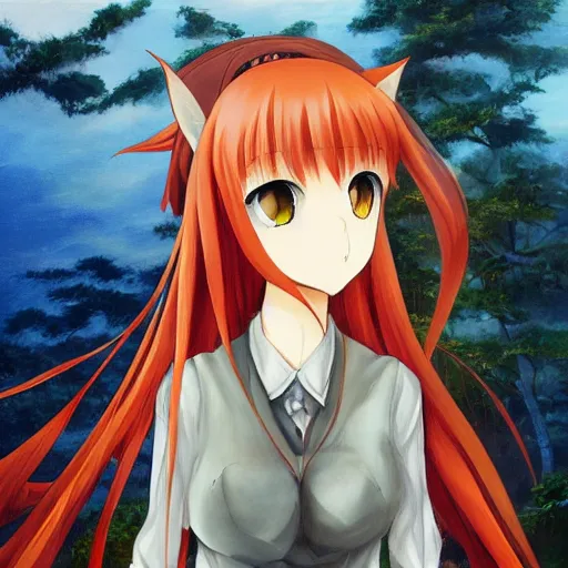 Image similar to An award winning oil painting of Horo from Spice and Wolf by Matcha, landscape, Danbooru, anime, highly detailed, oil painting, canvas, brush strokes, artistic, color palette