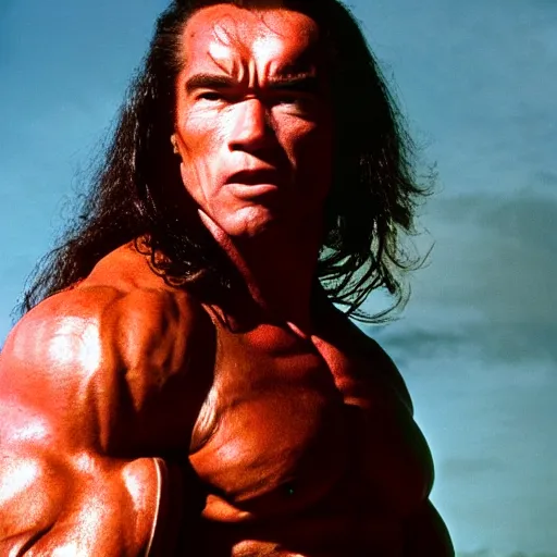 Prompt: a beautiful medium shot of arnold schwarzenegger as conan the barbarian looking off into the distance, long black hair, soft natural light backlit, by annie leibowitz