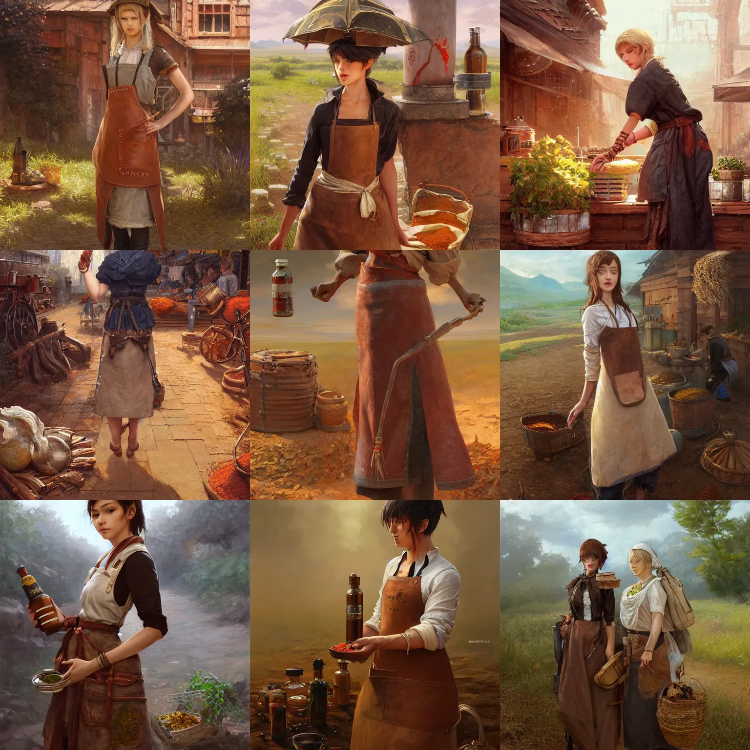 Prompt: old dirt leather apron with bottles of spices, final fantasy, highly detailed, digital painting, artstation, concept art, smooth, sharp focus, illustration, ArtStation, art by artgerm and greg rutkowski and Hikari Shimoda and Edmund Blair Leighton and Charlie Bowater