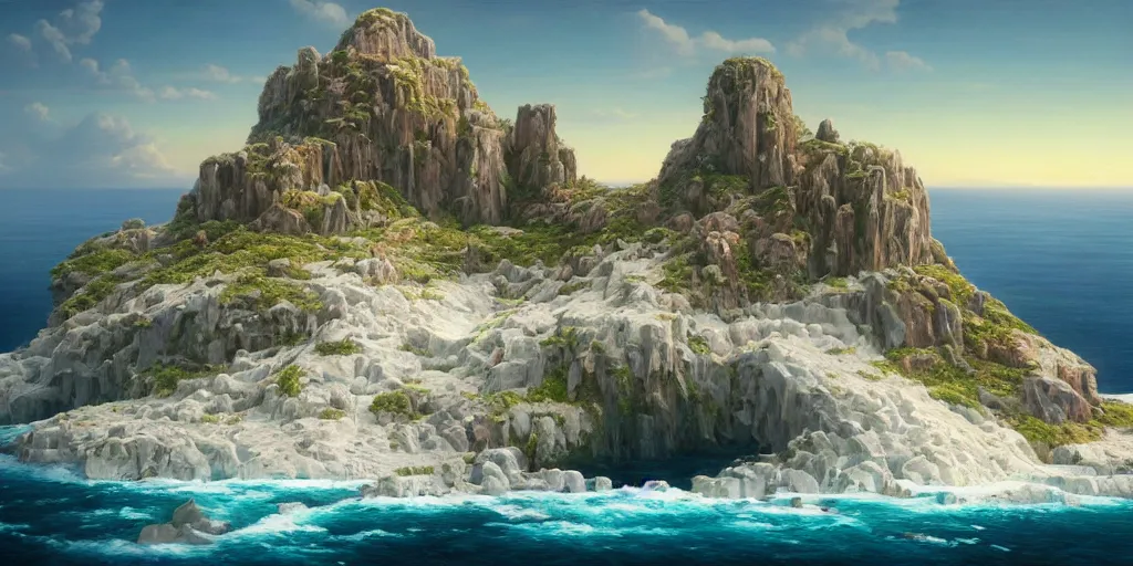 Prompt: fantasy desiccated island, covered in salt, surrounded by crystal cliffs, viewed from the ocean, extremely detailed oil painting, unreal 5 render, rhads, Bruce Pennington, Studio Ghibli, tim hildebrandt, digital art, octane render, beautiful composition, trending on artstation, award-winning photograph, masterpiece