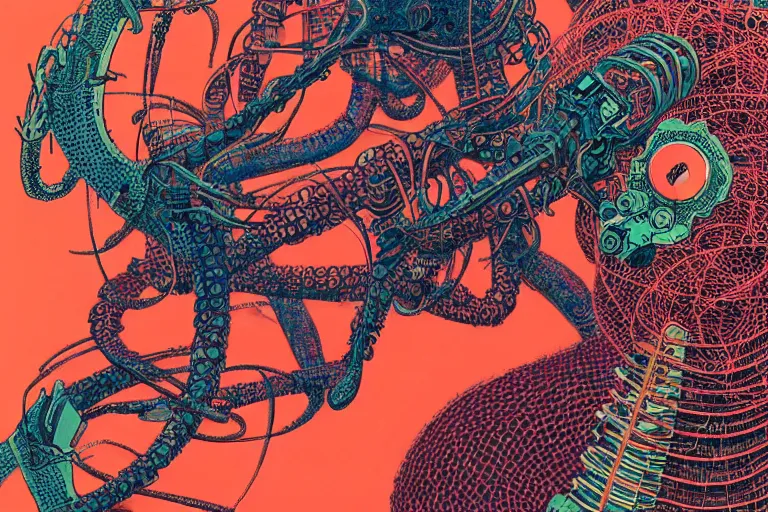 Image similar to risograph grainy drawing vintage sci - fi, satoshi kon color palette, arzach bird covered with robot parts and wires, wearing futuristic layered scaphander with lot tentacles, insects and dragonflies around, painting by moebius and satoshi kon and dirk dzimirsky close - up portrait