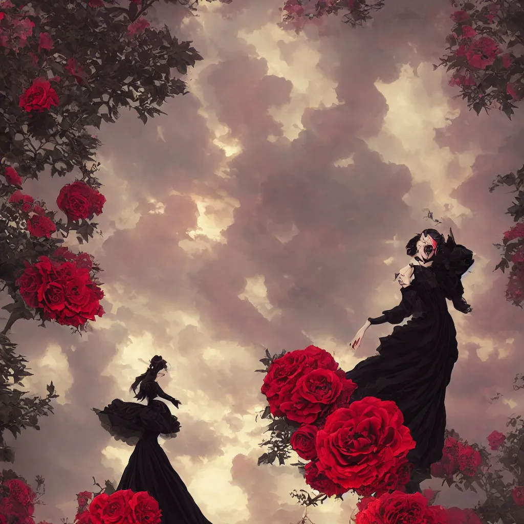 Image similar to black dress in the style of rococo, victorian era, red roses element, fantasy art by greg, loish, rhads, ferdinand knab, makoto shinkai and lois van baarle, ilya kuvshinov, rossdraws, tom bagshaw, dreamy, soft, backlight, luminescence, highly detailed, 8 k