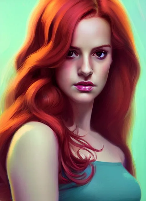 Image similar to full body portrait of teenage cheryl blossom, bangs, green eyes, sultry expression, red hair, sultry smirk, bangs and wavy hair, pink skirt, intricate, elegant, glowing lights, highly detailed, digital painting, artstation, concept art, smooth, sharp focus, illustration, art by wlop, mars ravelo and greg rutkowski