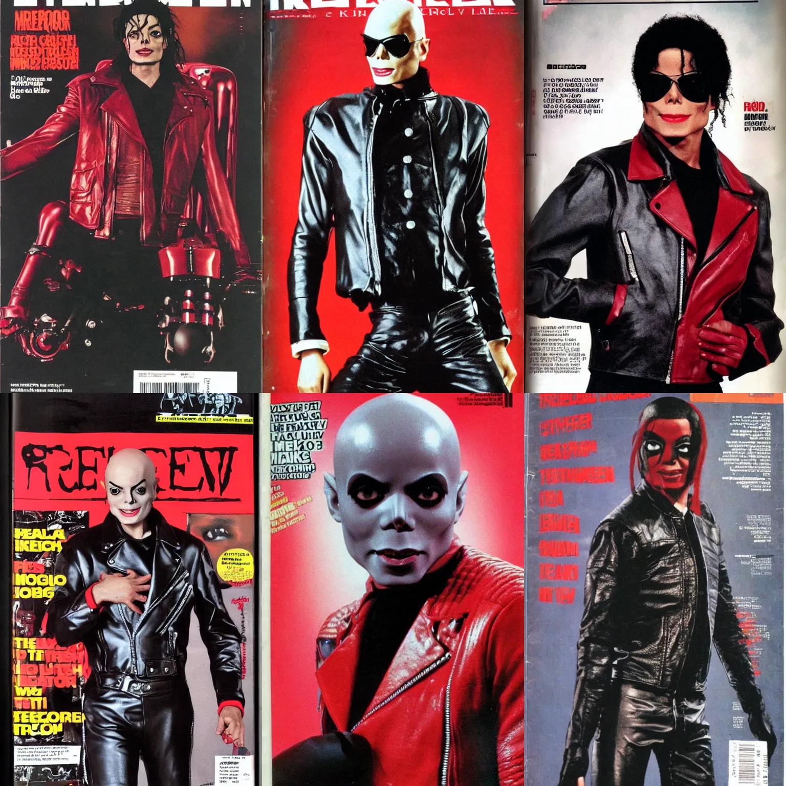 Prompt: bald michael jackson, with grey skin, huge bulbous pitch black eyes, sectoid, alien head, wearing the red leather motorcycle jacket from thriller, retro scifi fashion magazine cover.