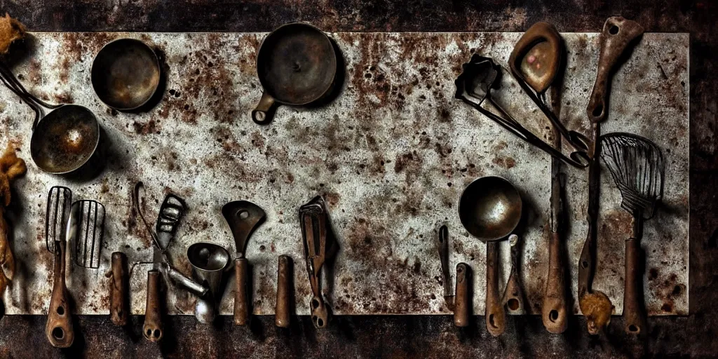 Prompt: decaying rotting puppies, moldy, on an antique distressed table top, metal kitchen utensils, old kitchen backdrop angled view, dark kitchen, style by peter lippmann, intricate detail,
