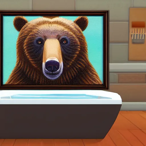 Image similar to a portrait frame of a bear in jacuzzi, the sims 4 oil panting