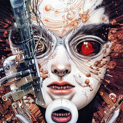 Prompt: portrait of crazy alita, symmetrical, by yoichi hatakenaka, masamune shirow, josan gonzales and dan mumford, ayami kojima, takato yamamoto, barclay shaw, karol bak, yukito kishiro