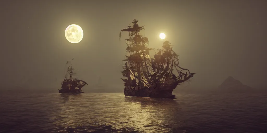 Image similar to ethereal ghost pirate ship at open sea at night, full moon behind it, 3 d art, octane render, 6 k, unreal engine
