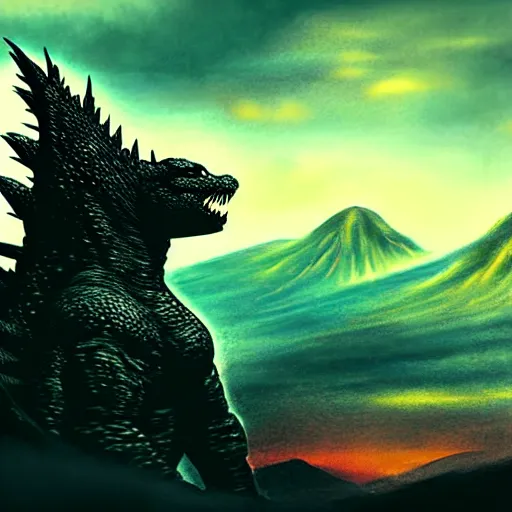 Prompt: Godzilla !!hand!! in a valley reaching out of the sky trying to touch the ground, matte painting, fantasy art