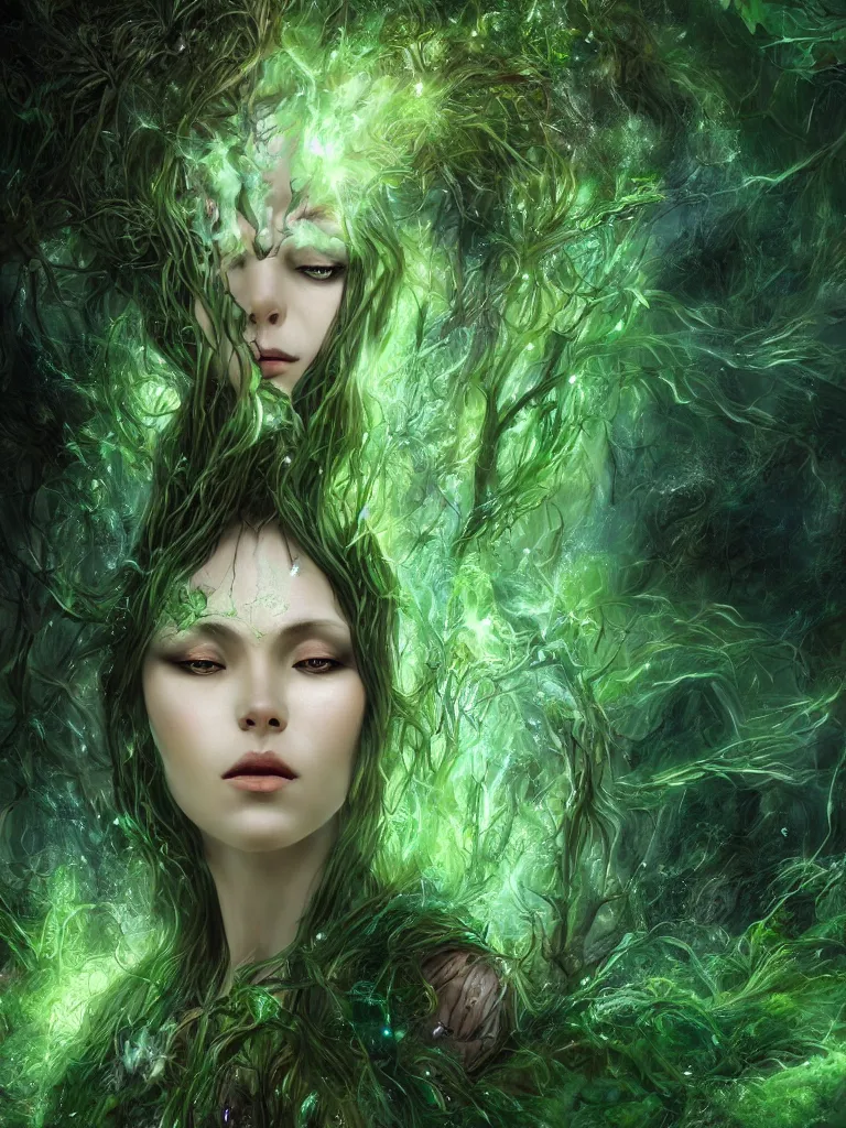 Prompt: an ancient mystical alluring female witch generating flowing energy and surrounded by wisps of green magic sits meditating in a magical overgrown garden temple, face face face, by karol bak, 3 d, cinema 4 d render, trending on artstation