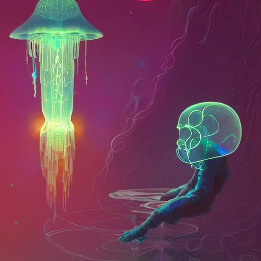 Image similar to intricate holographic ghost in the machine jellyfish made of microcircuitry and transistors in a glowing deap sea by peter mohrbacher and dan mumford, trending on artstation, cgsociety 4 k