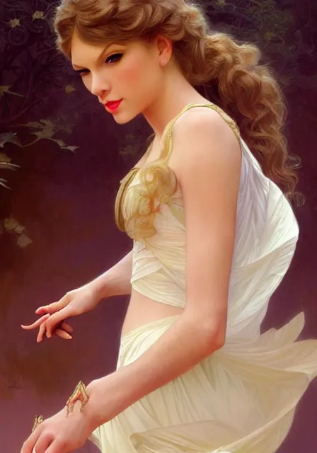 Image similar to taylor swift princess, dance, intricate, elegant, highly detailed, digital painting, artstation, concept art, smooth, sharp focus, illustration, art by artgerm and greg rutkowski and alphonse mucha and william - adolphe bouguereau