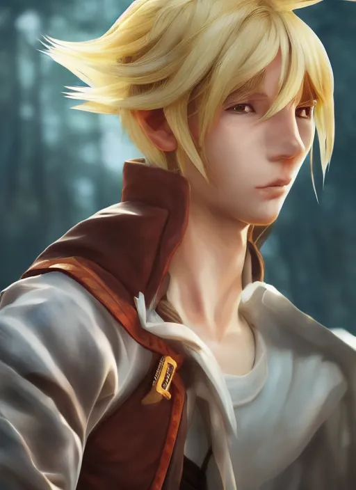 Image similar to An epic fantasy anime style portrait painting of a young blonde boy thief, unreal 5, DAZ, hyperrealistic, octane render, cosplay, RPG portrait, dynamic lighting