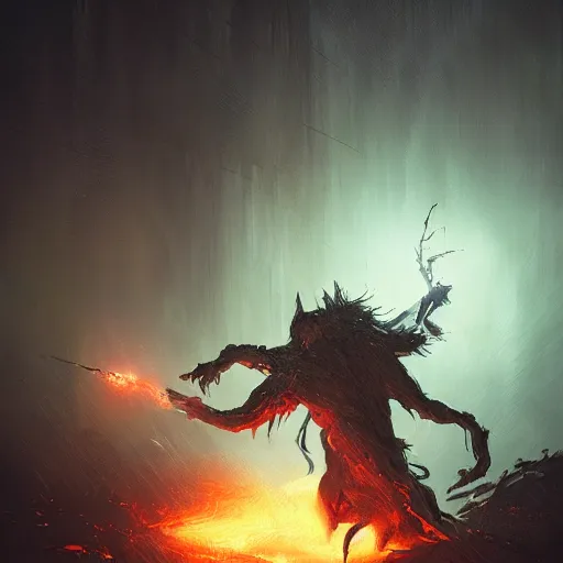 Image similar to a lightning demon fighting a shadow demon at the gates of hell, greg rutkowski, 8 k, shallow depth of field, moody lighting, ultra high detail, concept art,