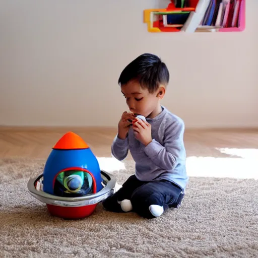 Prompt: little alien, 5 years old, sitting on the floor, playing with a toy in the form of a space ship