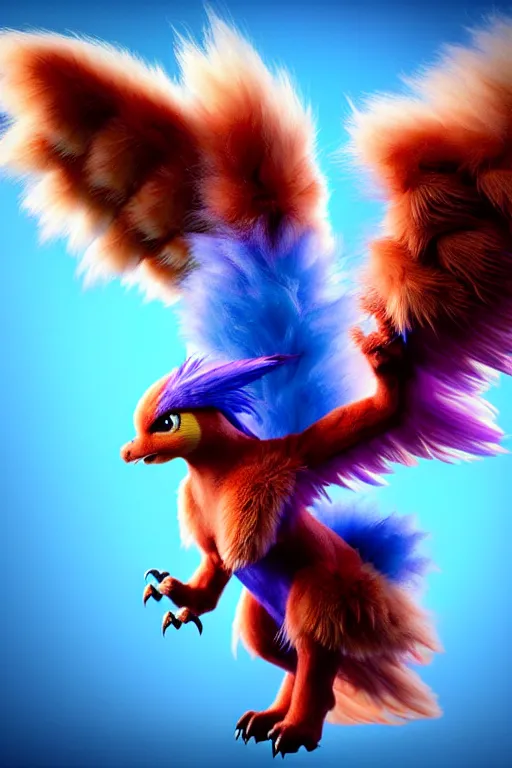 Prompt: high quality 3 d render hyperrealist very cute multicolor stripped fluffy! phoenix chimera hybrid with wings!! highly detailed, vray smooth, in the style of detective pikachu, hannah yata charlie immer, dramatic blue light, low angle, uhd 8 k, sharp focus