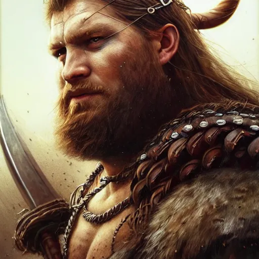 Image similar to Official photo of a majestic fierce barbarian man, leader, strong, highly detailed, viking attire, cinematic, 16k, 1080s, by Stanley Artgermm, Tom Bagshaw, Greg Rutkowski, Vincent di Fate, Carne Griffiths, Ayami Kojima, WLOP, trending on DeviantArt, hyper detailed, full of color, digital art,